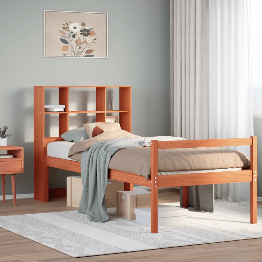 Seng med bokhylle uten madrass voksbrun 75x190 cm heltre