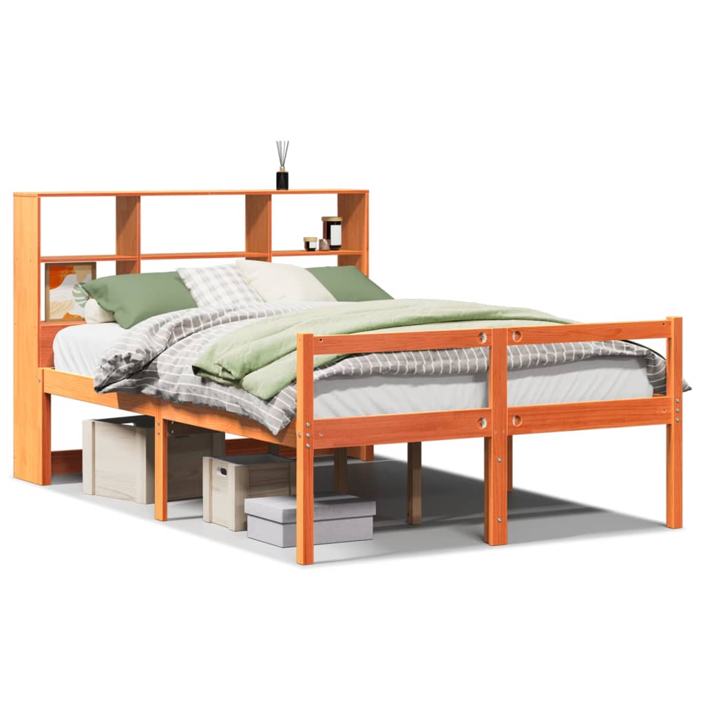Seng med bokhylle uten madrass voksbrun 140x200 cm heltre