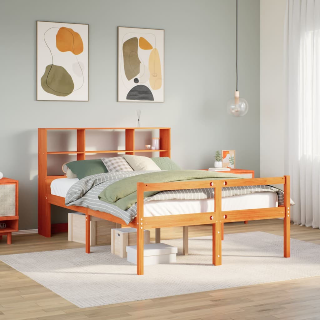 Seng med bokhylle uten madrass voksbrun 150x200 cm heltre