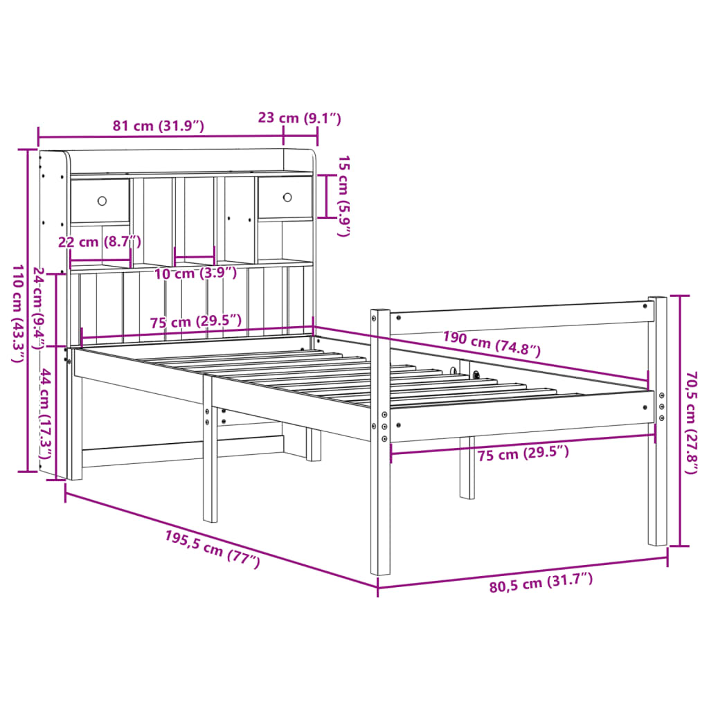Seng med bokhylle uten madrass hvit 75x190 cm heltre furu