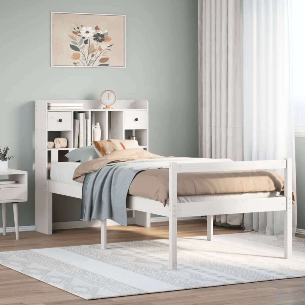Seng med bokhylle uten madrass hvit 75x190 cm heltre furu