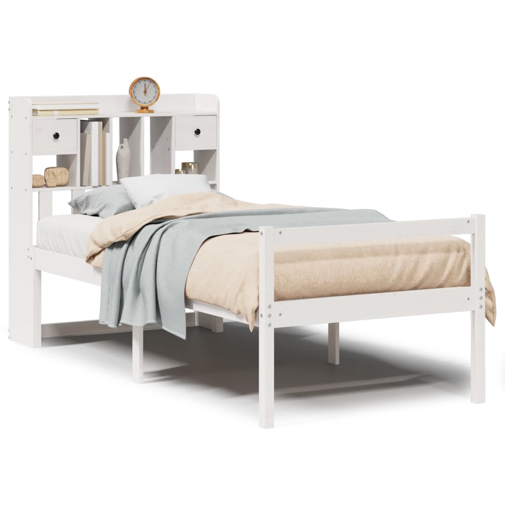 Seng med bokhylle uten madrass hvit 90x190 cm heltre furu