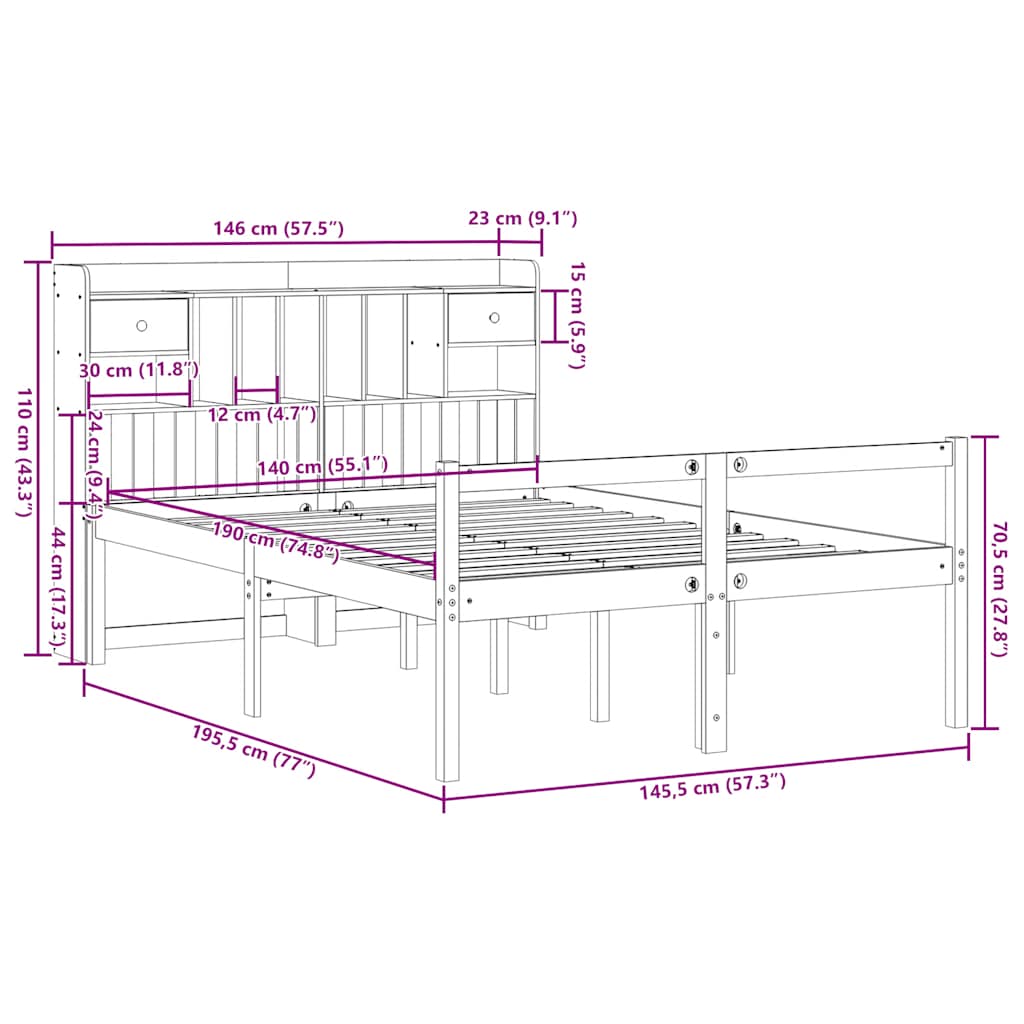 Seng med bokhylle uten madrass 140x190 cm heltre furu
