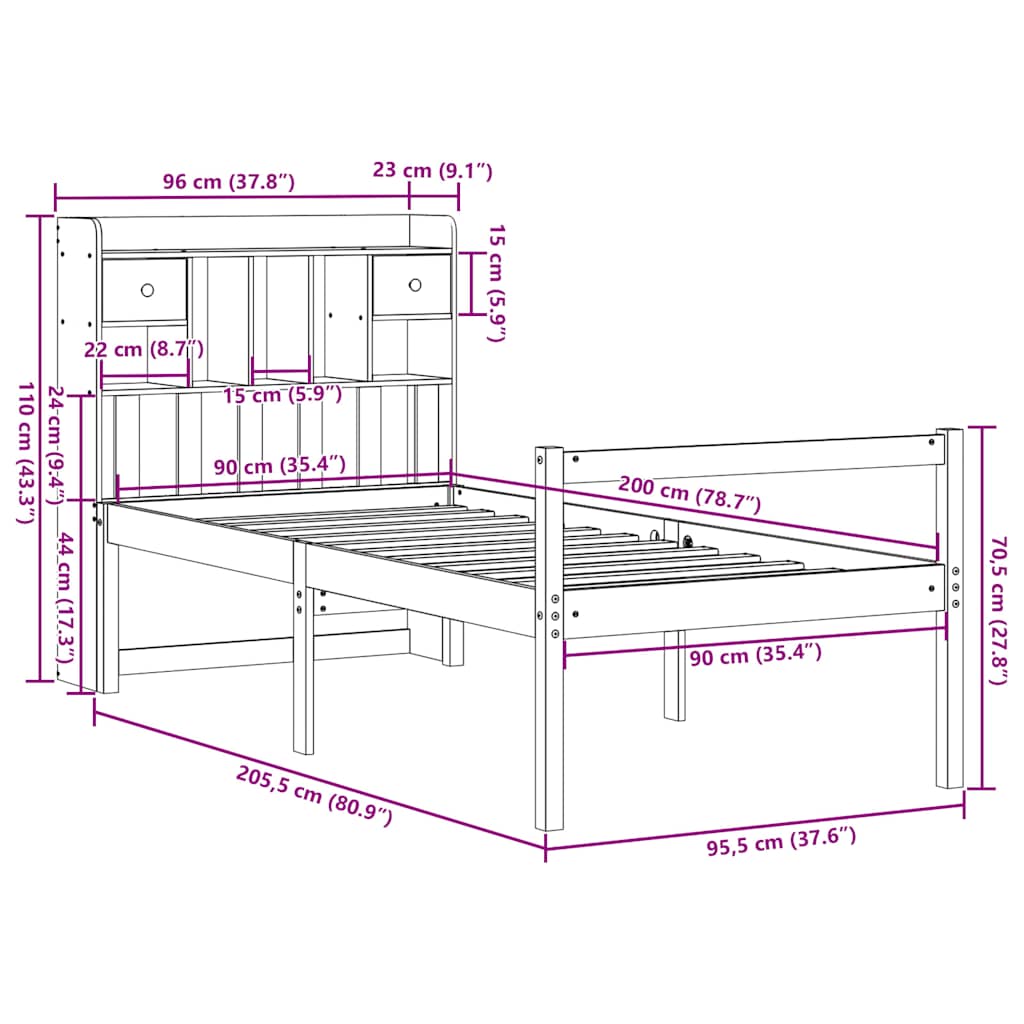 Seng med bokhylle uten madrass 90x200 cm heltre furu