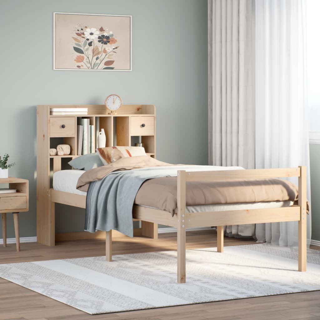 Seng med bokhylle uten madrass 90x200 cm heltre furu