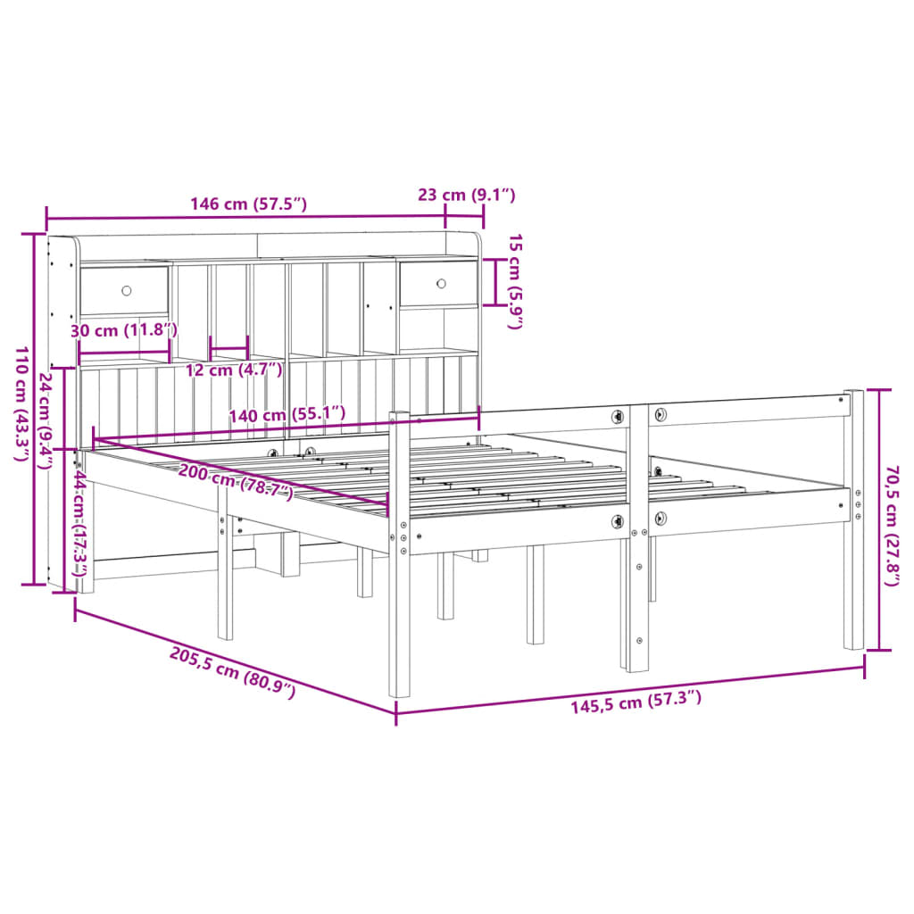Seng med bokhylle uten madrass hvit 140x200 cm heltre furu