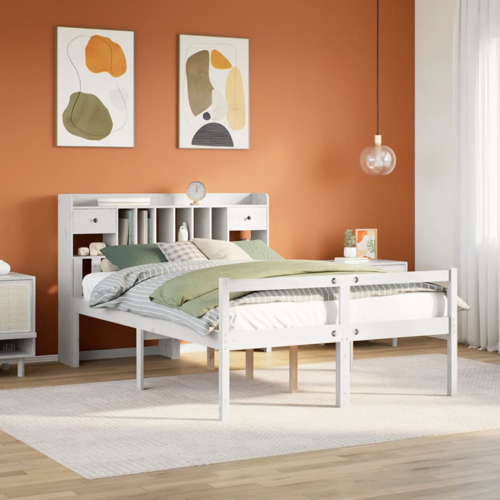Seng med bokhylle uten madrass hvit 140x200 cm heltre furu