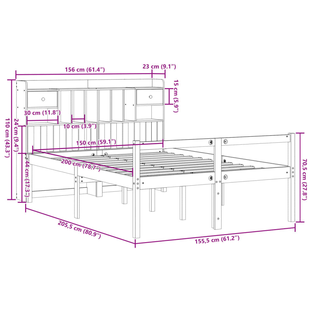 Seng med bokhylle uten madrass hvit 150x200 cm heltre furu