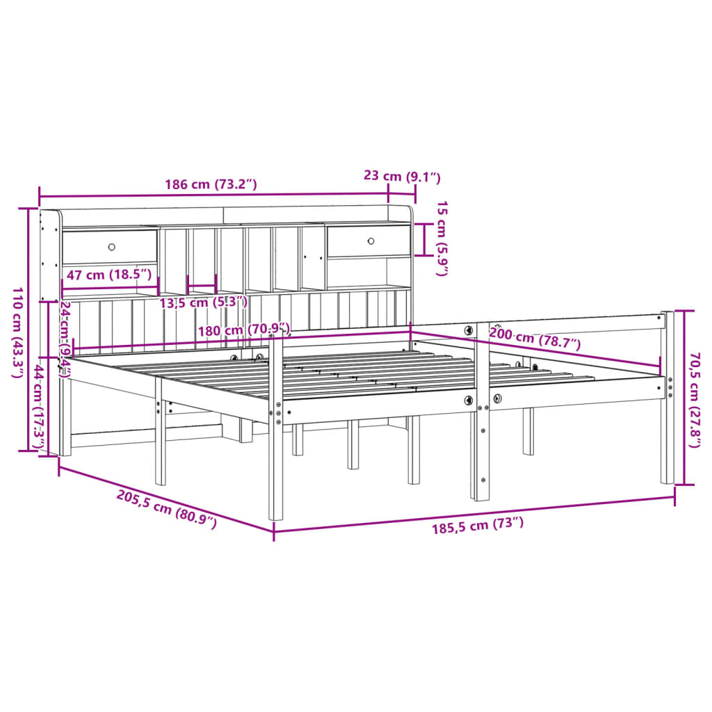 Seng med bokhylle uten madrass hvit 180x200 cm heltre furu