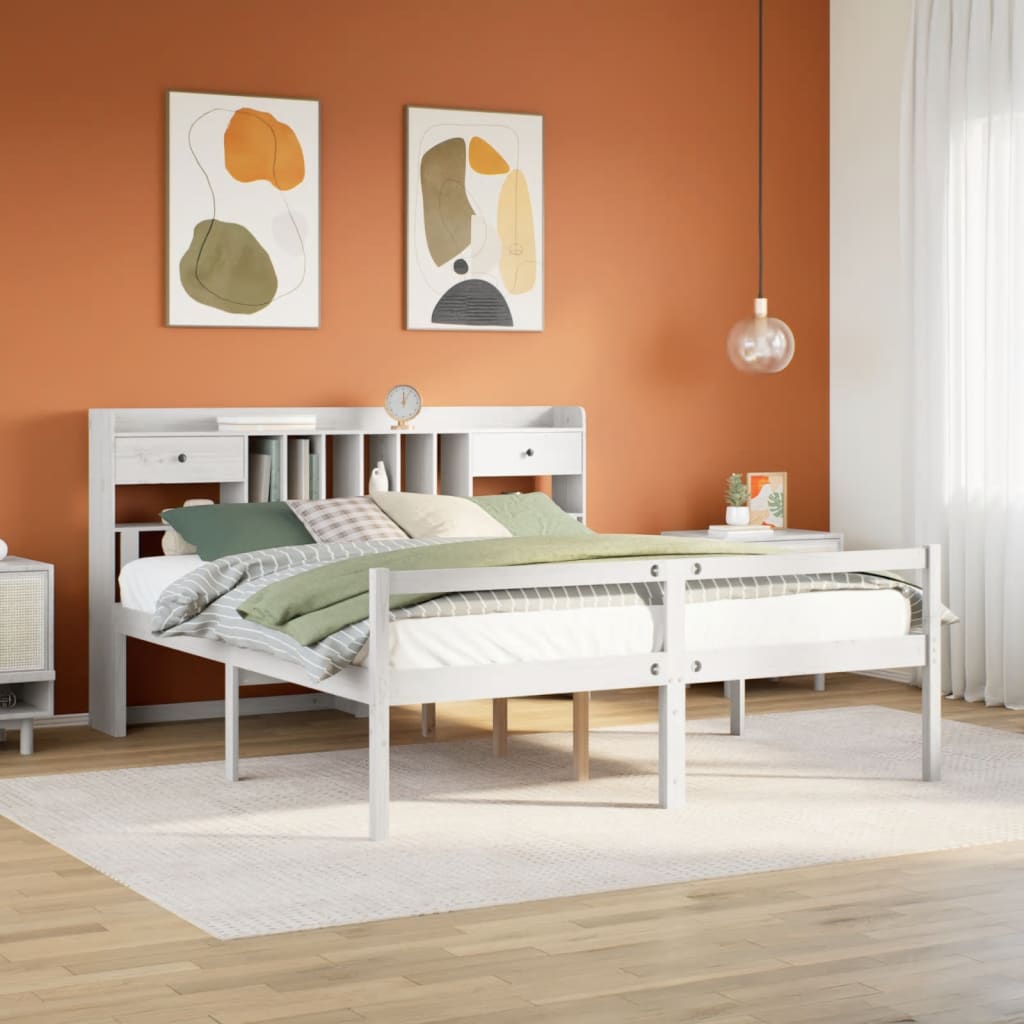 Seng med bokhylle uten madrass hvit 180x200 cm heltre furu