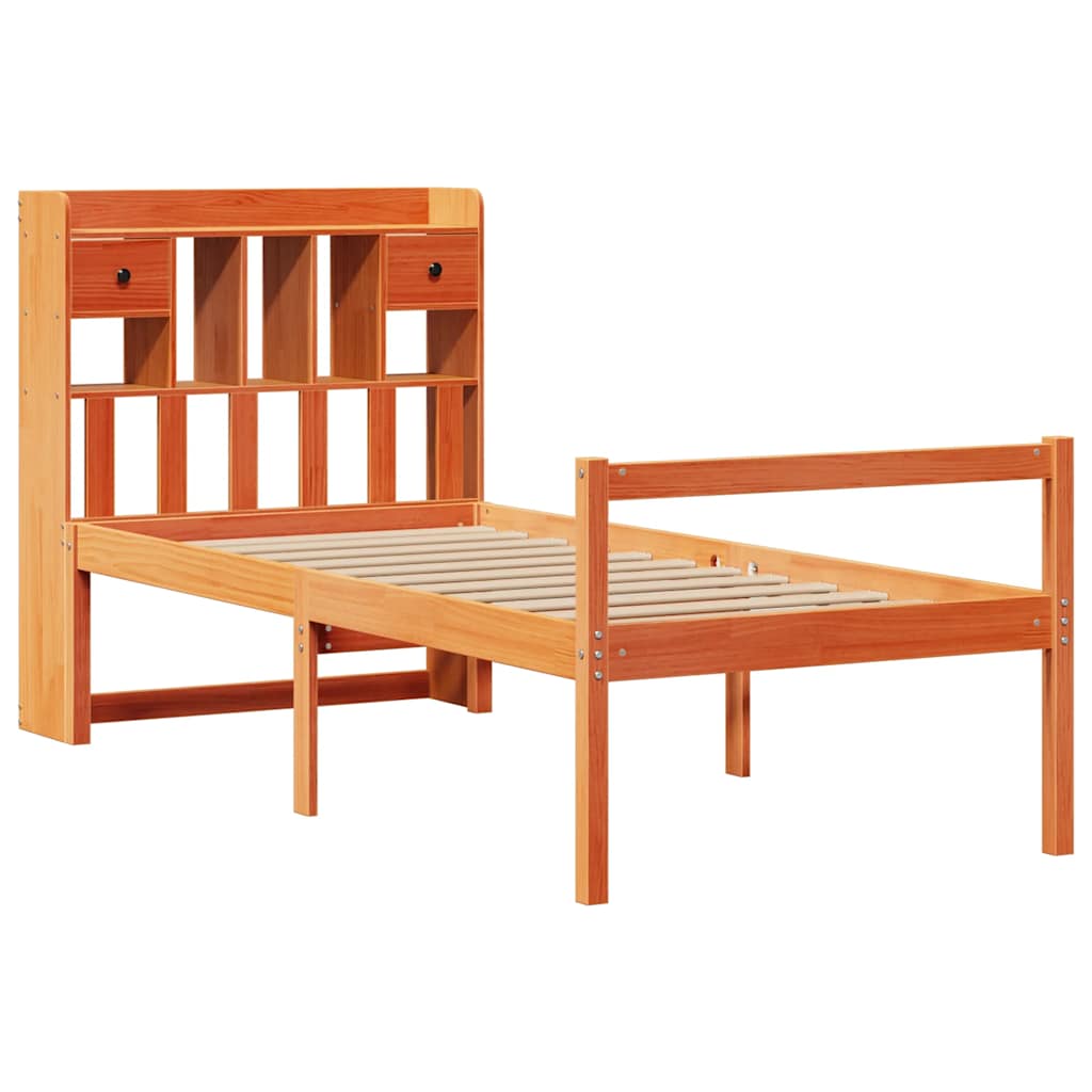 Seng med bokhylle uten madrass voksbrun 75x190 cm heltre furu