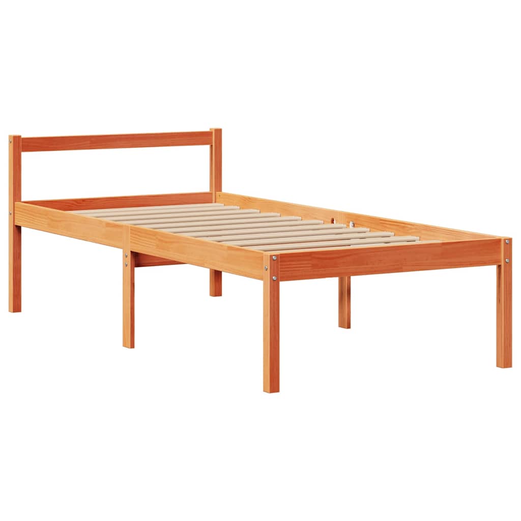 Seng med bokhylle uten madrass voksbrun 75x190 cm heltre furu