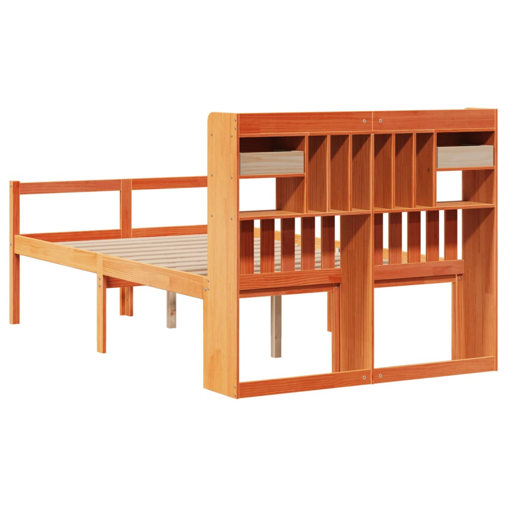 Seng med bokhylle uten madrass voksbrun 135x190 cm heltre furu