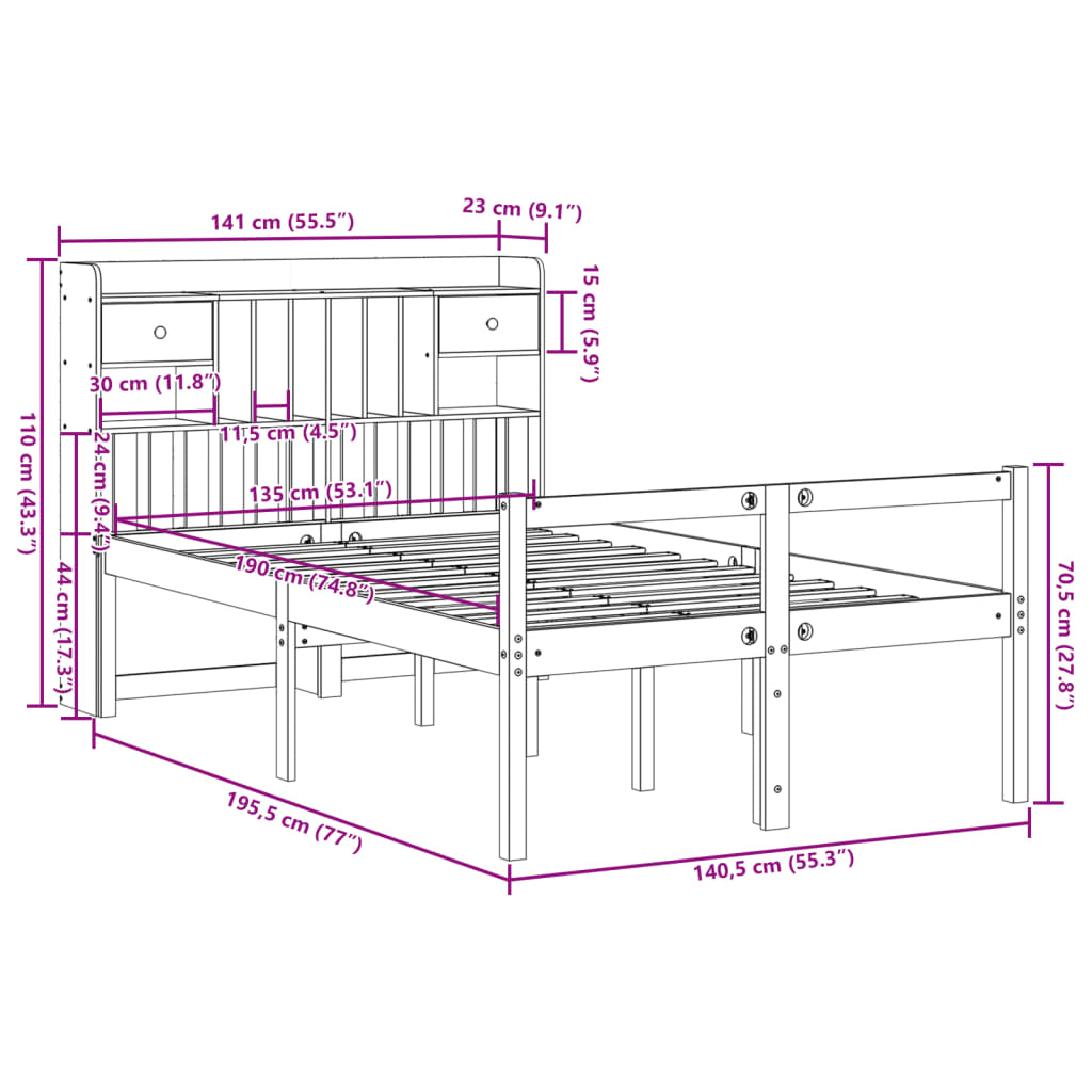 Seng med bokhylle uten madrass voksbrun 135x190 cm heltre furu
