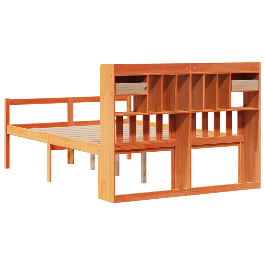 Seng med bokhylle uten madrass voksbrun 150x200 cm heltre furu