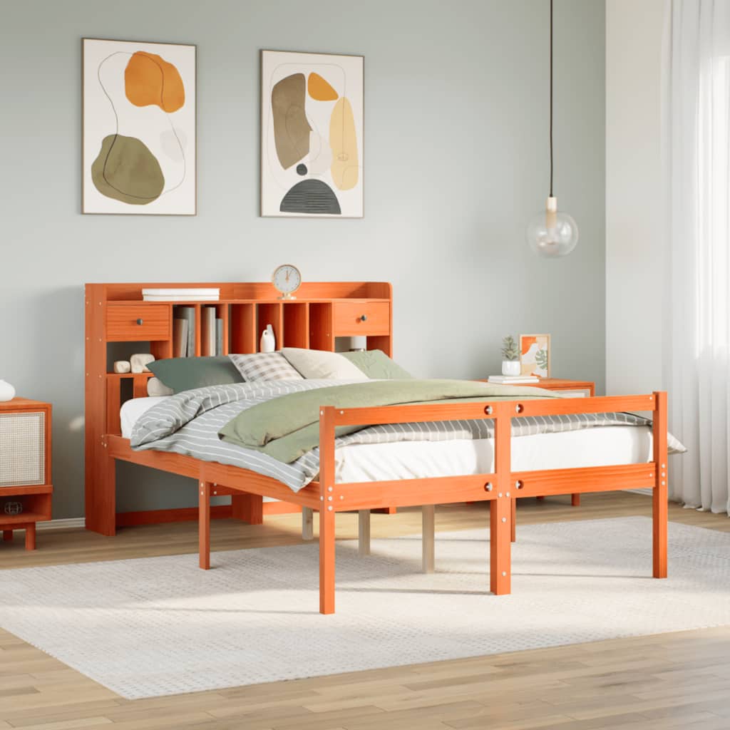 Seng med bokhylle uten madrass voksbrun 160x200 cm heltre furu