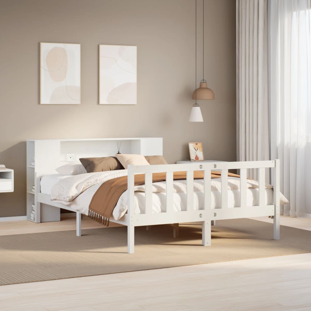 Seng med bokhylle uten madrass hvit 150x200 cm heltre furu