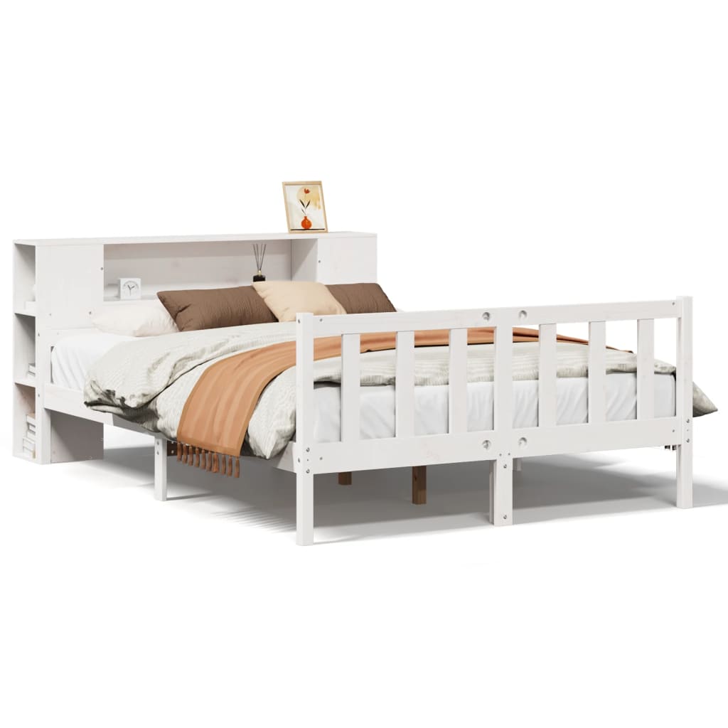 Seng med bokhylle uten madrass hvit 160x200 cm heltre furu