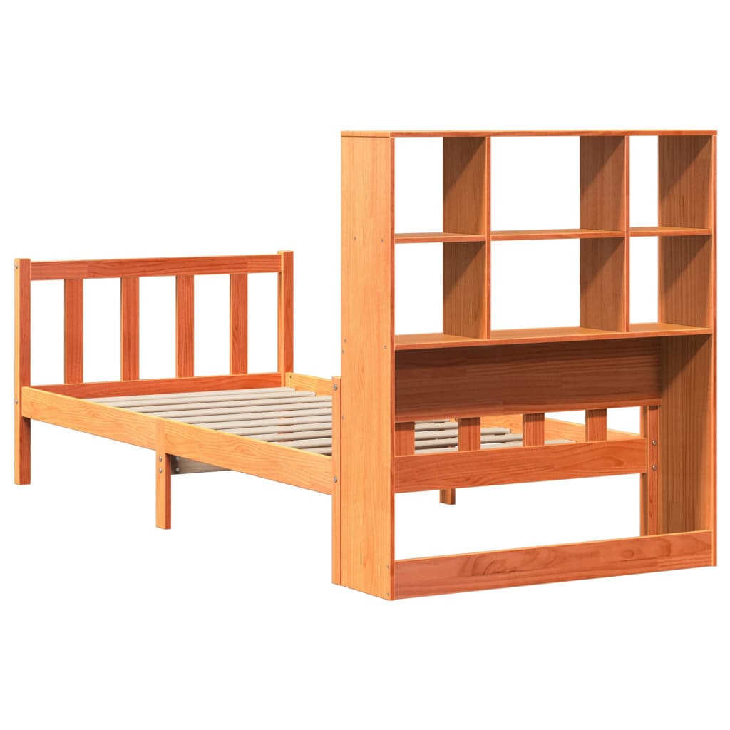 Seng med bokhylle uten madrass voksbrun 75x190 cm heltre