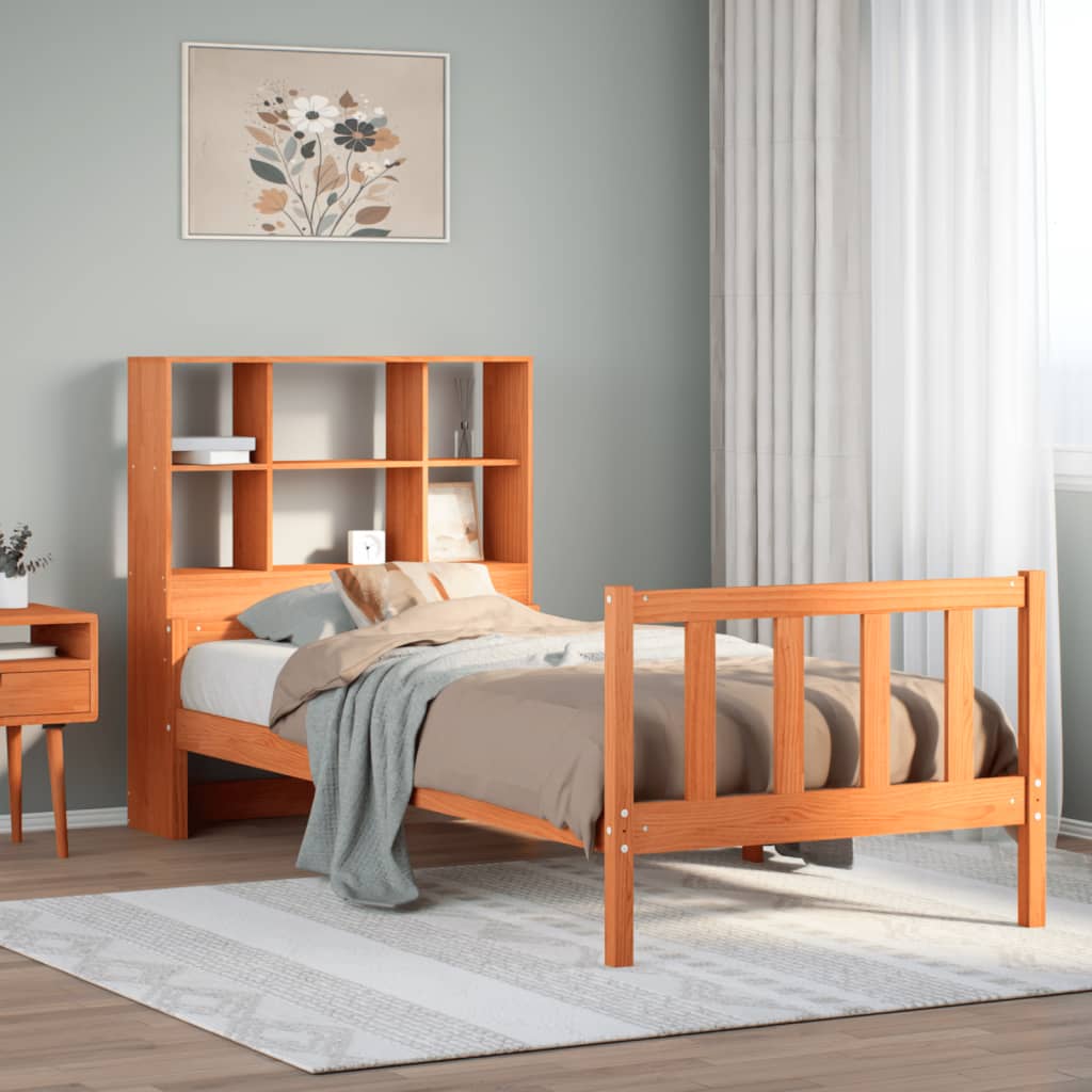 Seng med bokhylle uten madrass voksbrun 75x190 cm heltre
