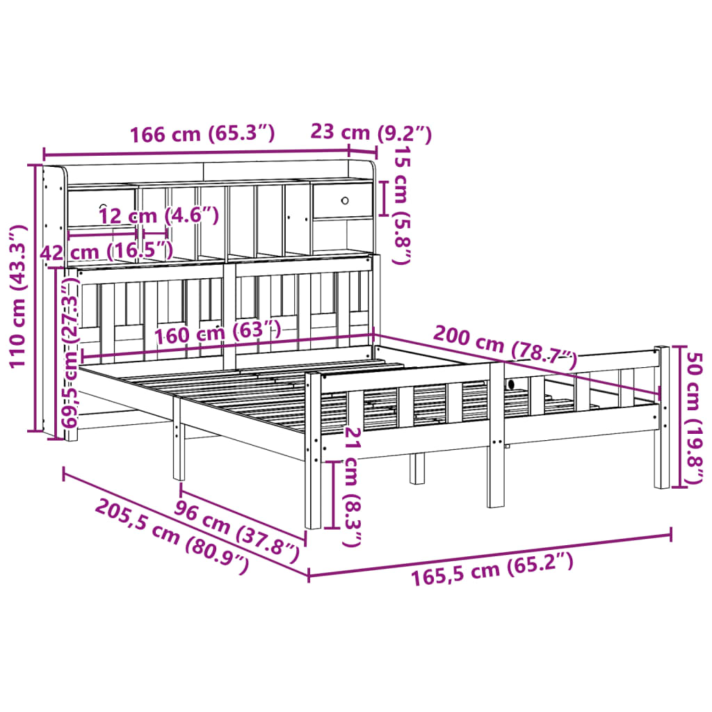Seng med bokhylle uten madrass hvit 160x200 cm heltre furu