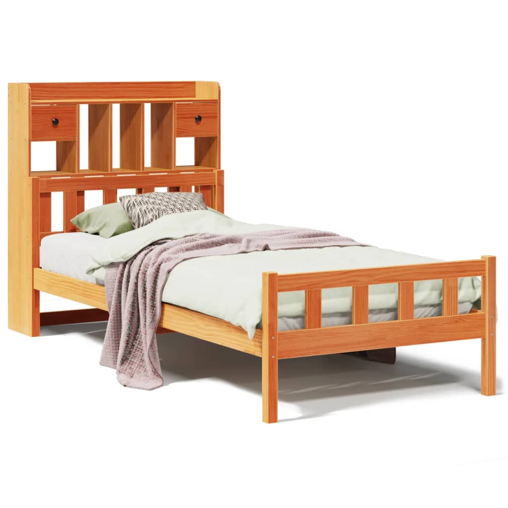 Seng med bokhylle uten madrass voksbrun 75x190 cm heltre furu