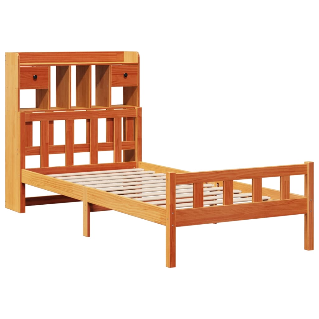 Seng med bokhylle uten madrass voksbrun 75x190 cm heltre furu