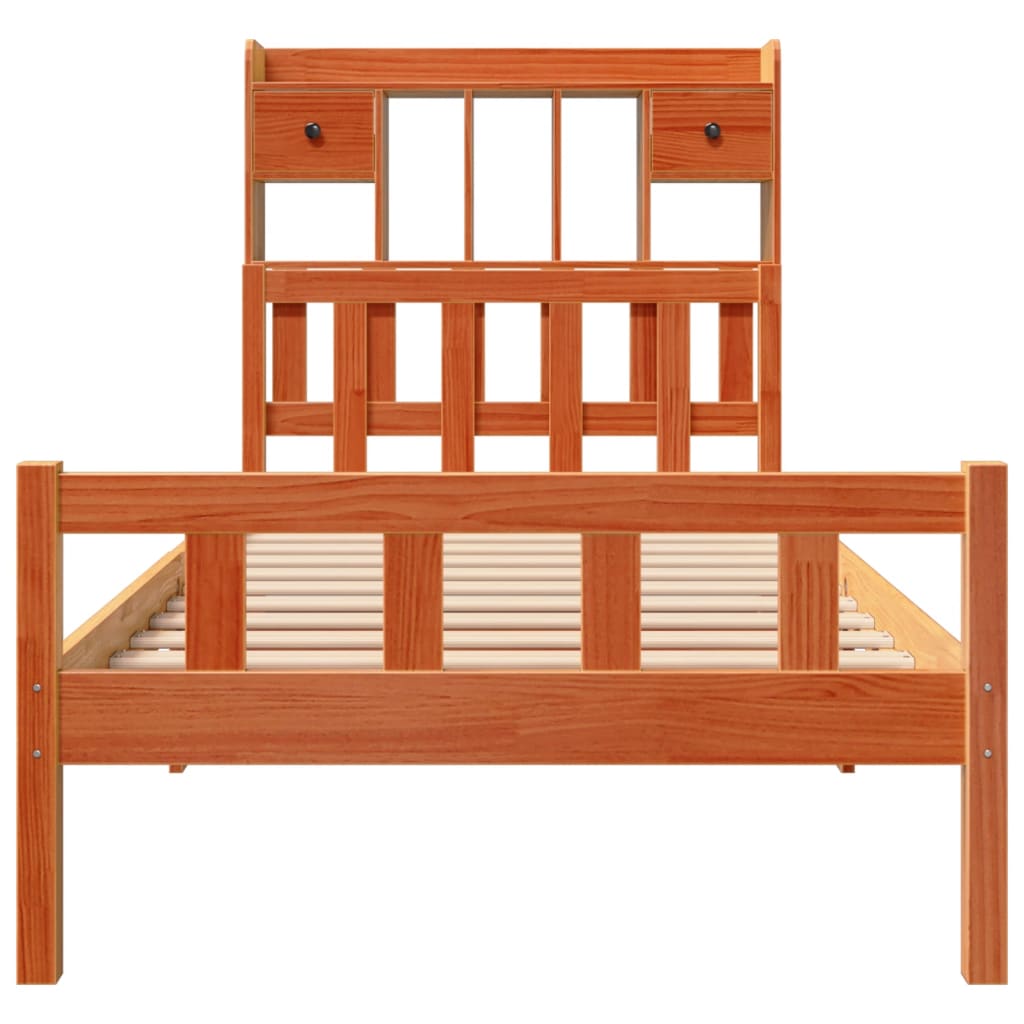 Seng med bokhylle uten madrass voksbrun 75x190 cm heltre furu