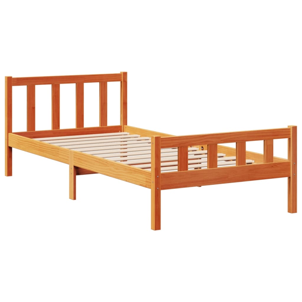 Seng med bokhylle uten madrass voksbrun 75x190 cm heltre furu