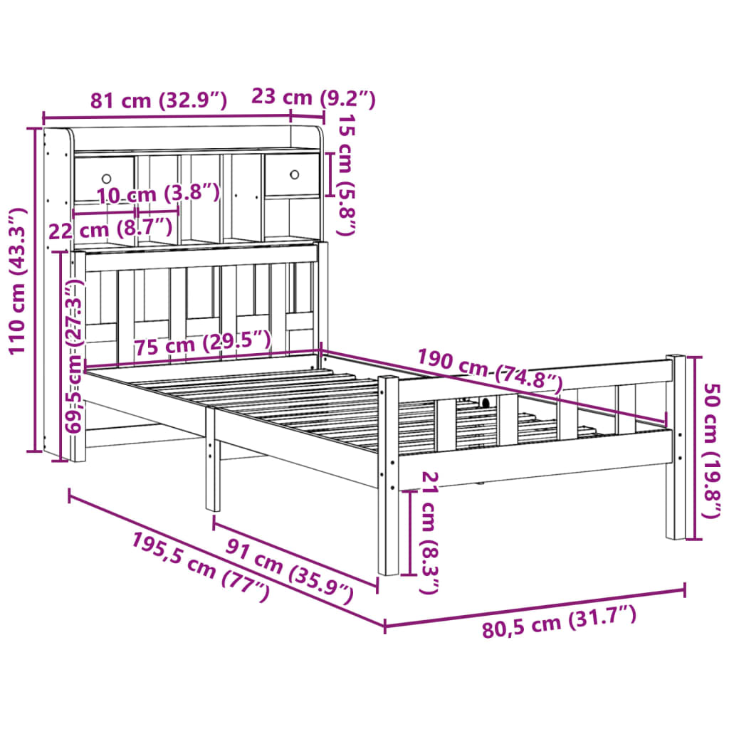 Seng med bokhylle uten madrass voksbrun 75x190 cm heltre furu