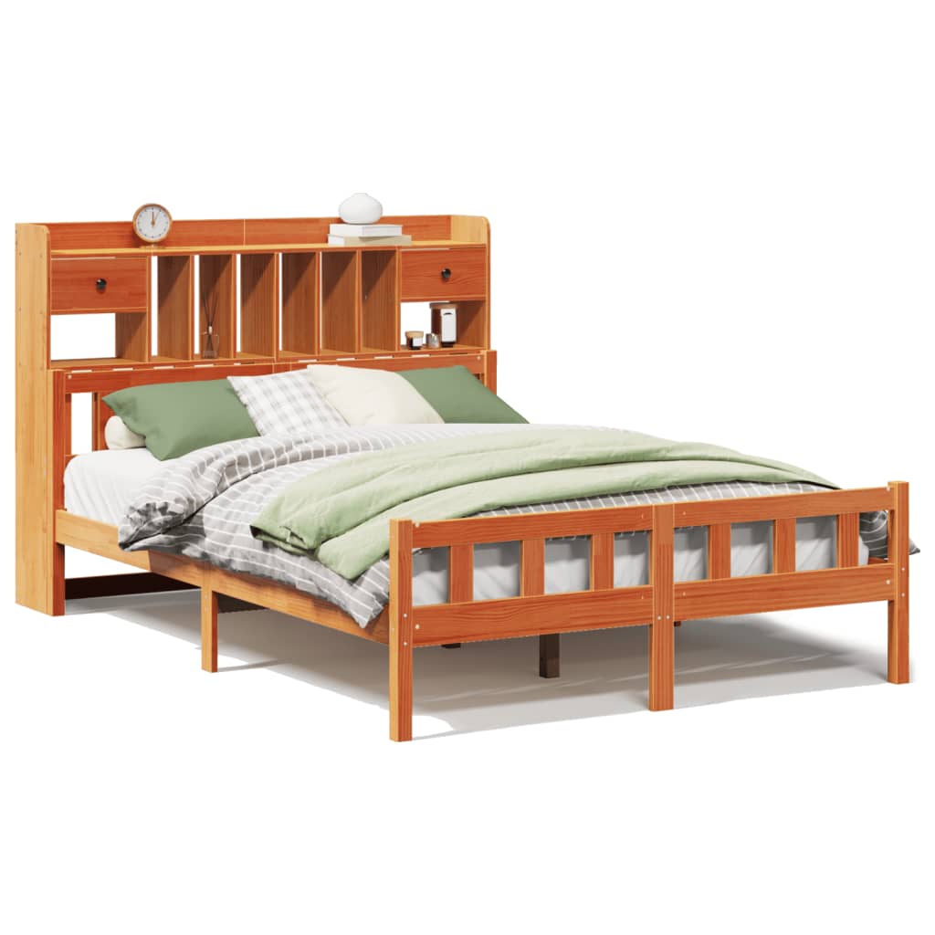Seng med bokhylle uten madrass voksbrun 150x200 cm heltre furu
