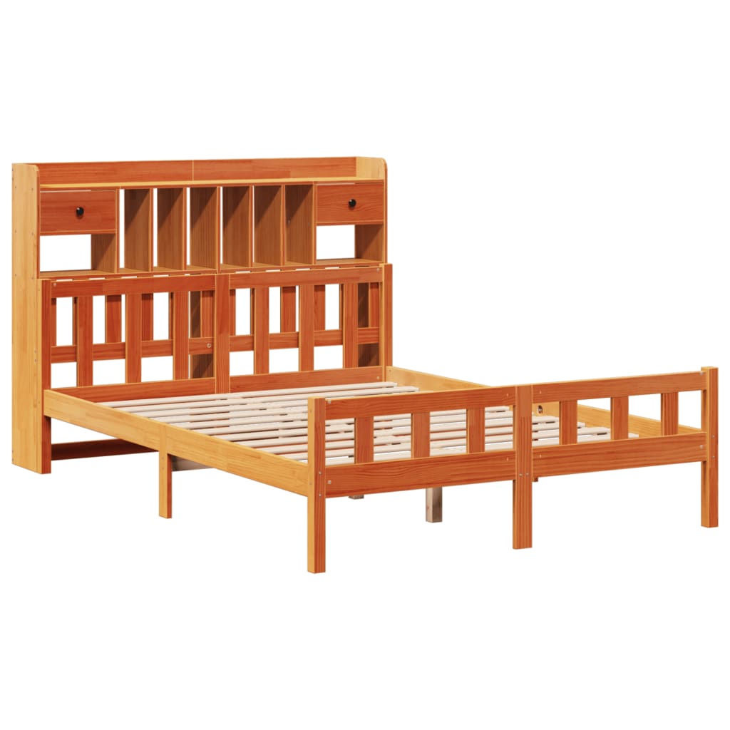 Seng med bokhylle uten madrass voksbrun 150x200 cm heltre furu