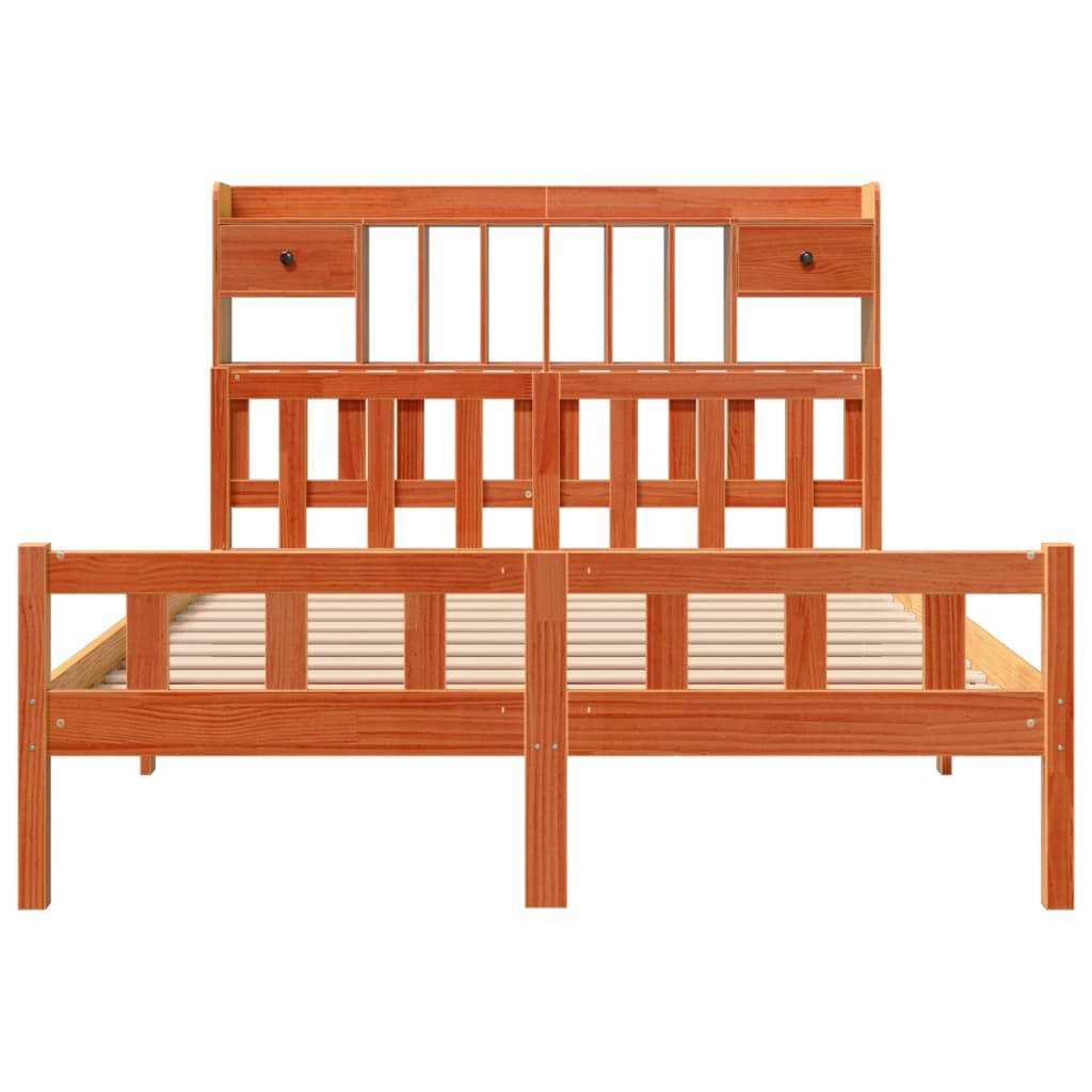 Seng med bokhylle uten madrass voksbrun 150x200 cm heltre furu