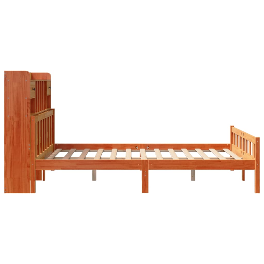 Seng med bokhylle uten madrass voksbrun 150x200 cm heltre furu