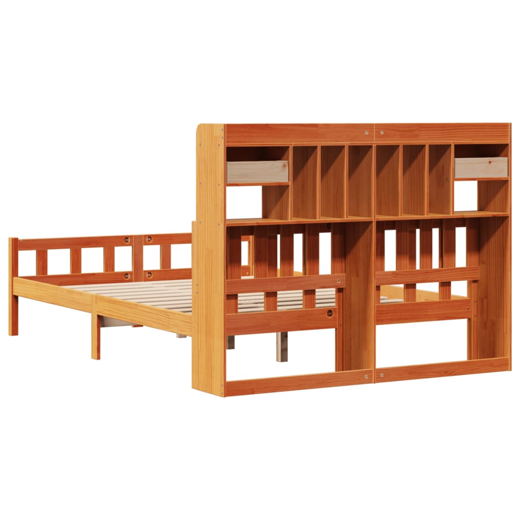 Seng med bokhylle uten madrass voksbrun 150x200 cm heltre furu