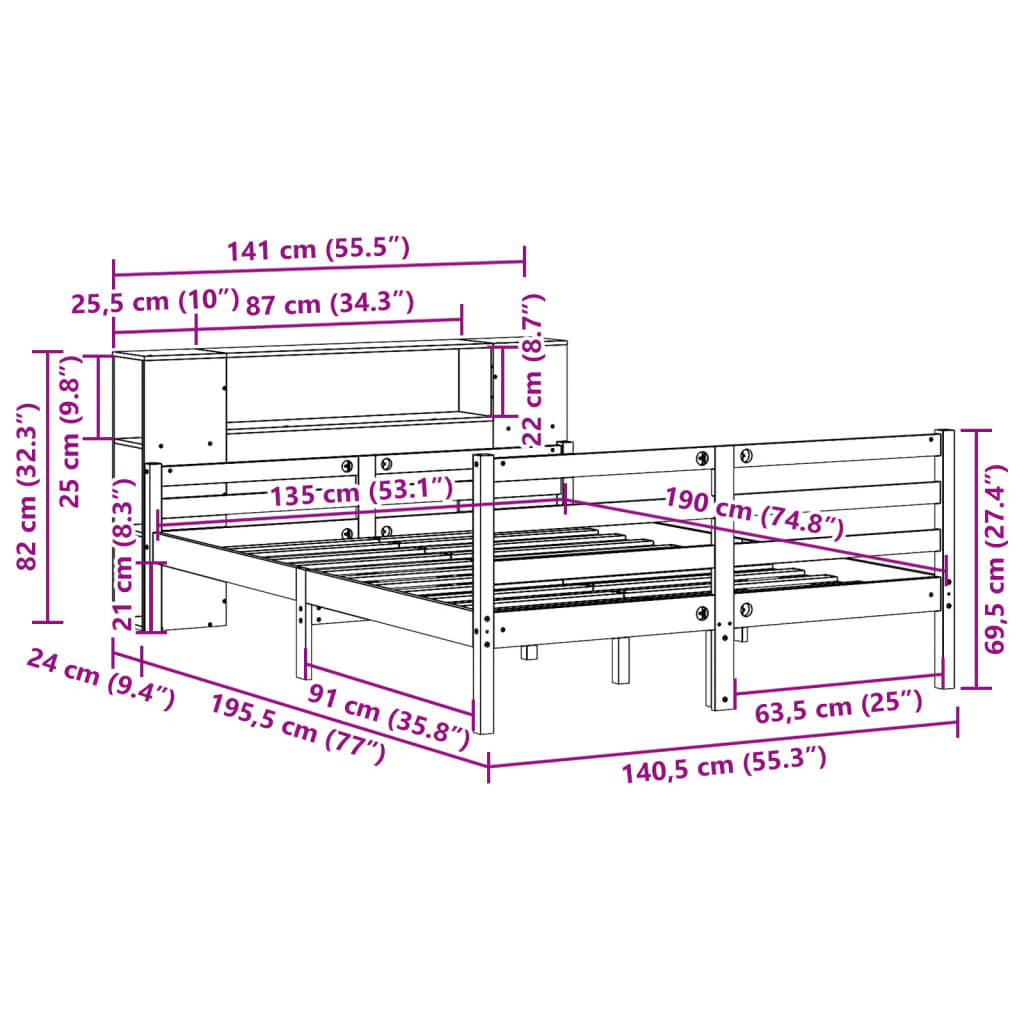 Seng med bokhylle uten madrass 135x190 cm heltre furu