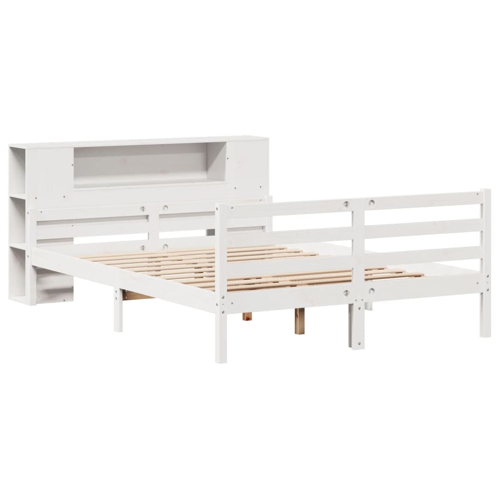 Seng med bokhylle uten madrass hvit 140x200 cm heltre furu
