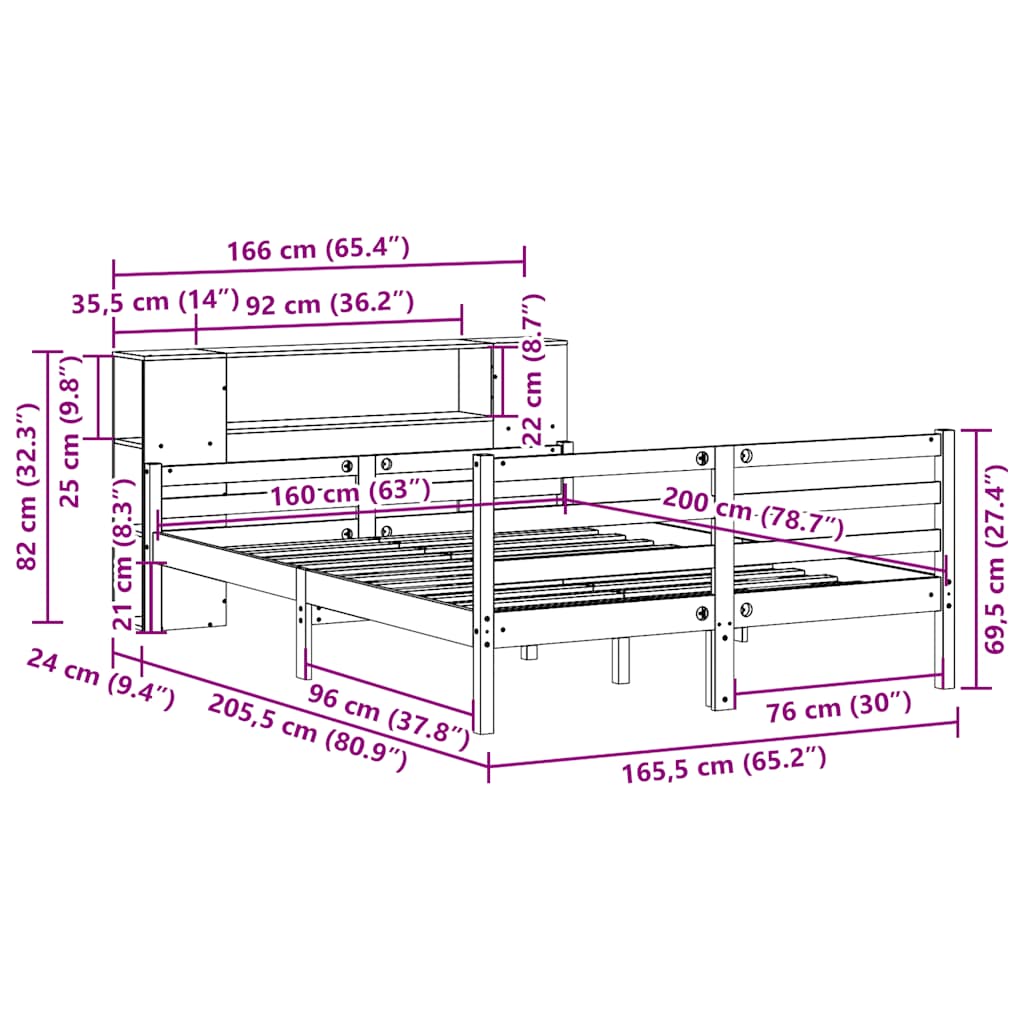 Seng med bokhylle uten madrass 160x200 cm heltre furu