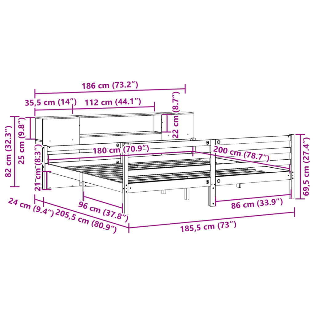 Seng med bokhylle uten madrass hvit 180x200 cm heltre furu