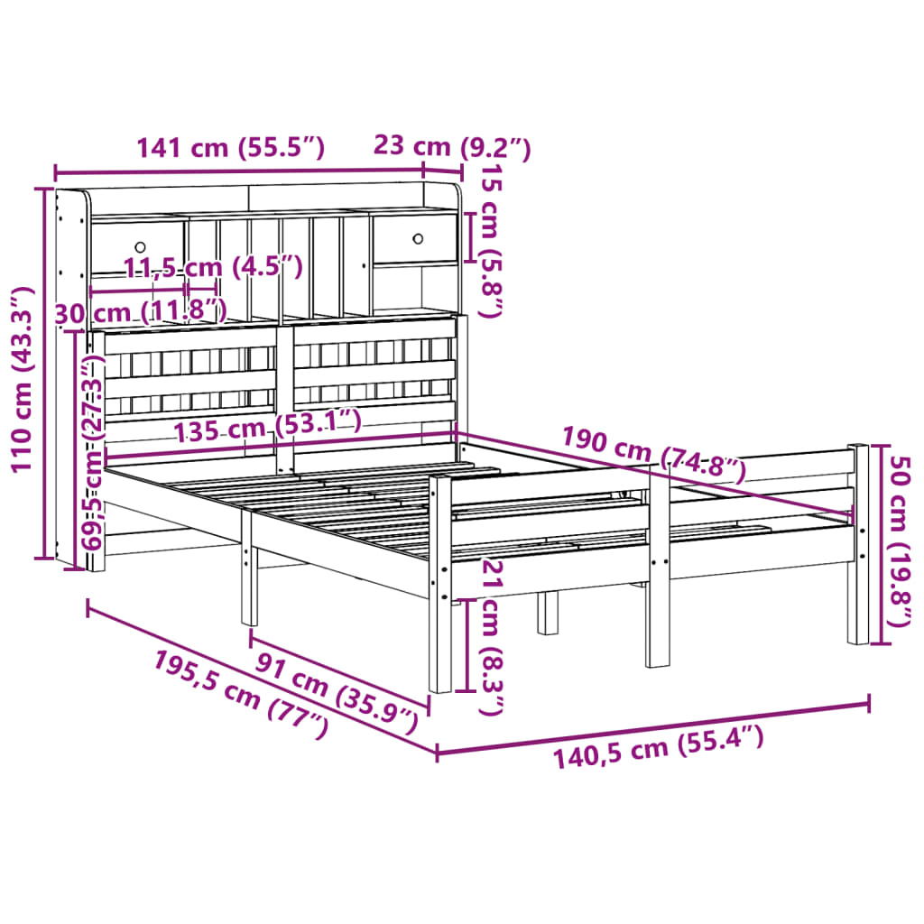 Seng med bokhylle uten madrass 135x190 cm heltre furu