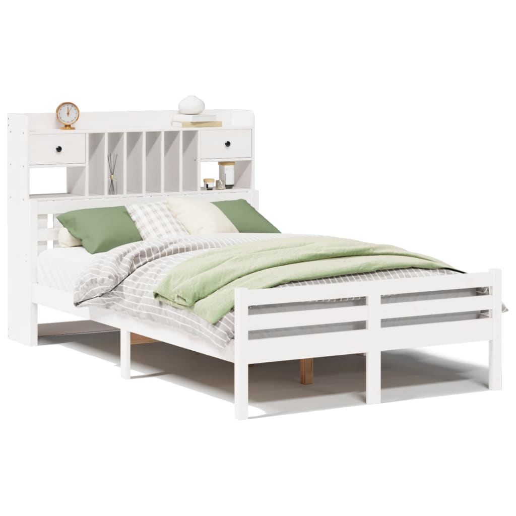 Seng med bokhylle uten madrass hvit 135x190 cm heltre furu