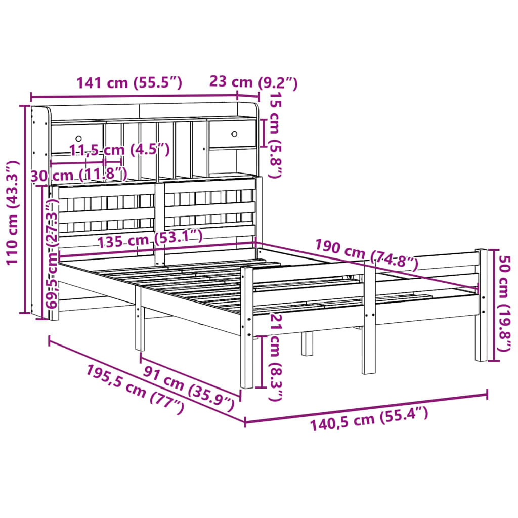Seng med bokhylle uten madrass hvit 135x190 cm heltre furu
