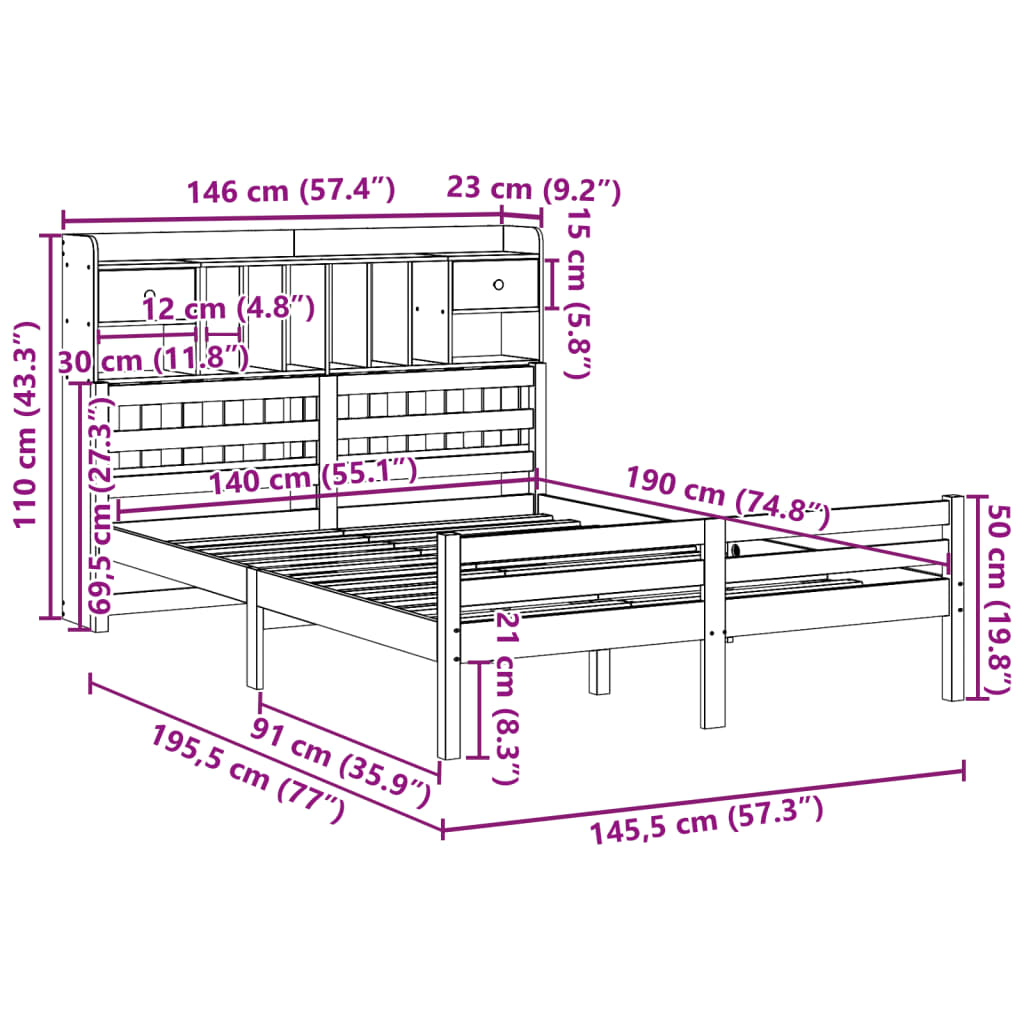 Seng med bokhylle uten madrass 140x190 cm heltre furu