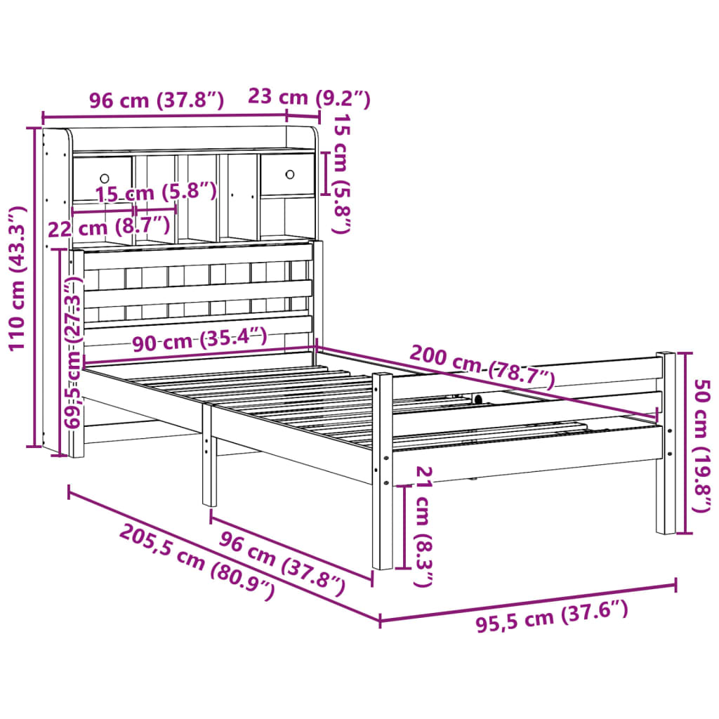 Seng med bokhylle uten madrass 90x200 cm heltre furu