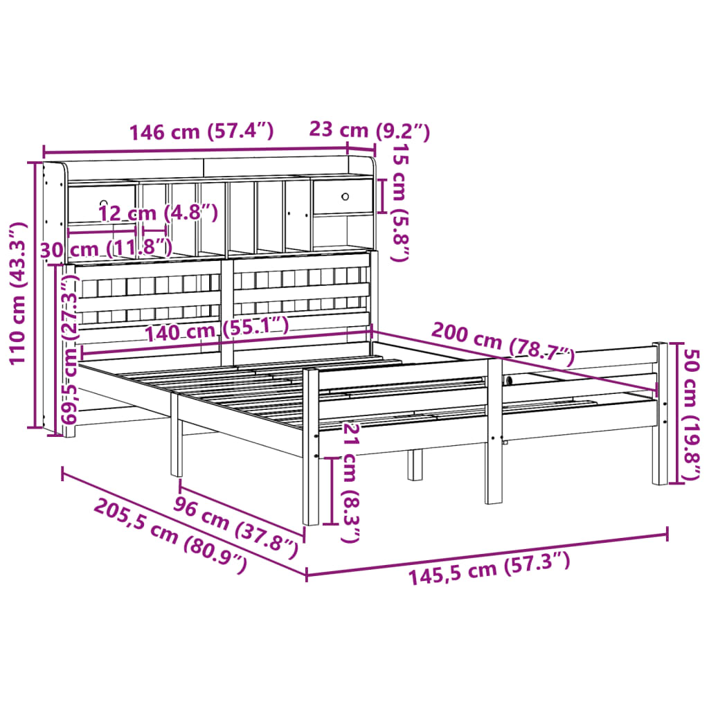 Seng med bokhylle uten madrass 140x200 cm heltre furu