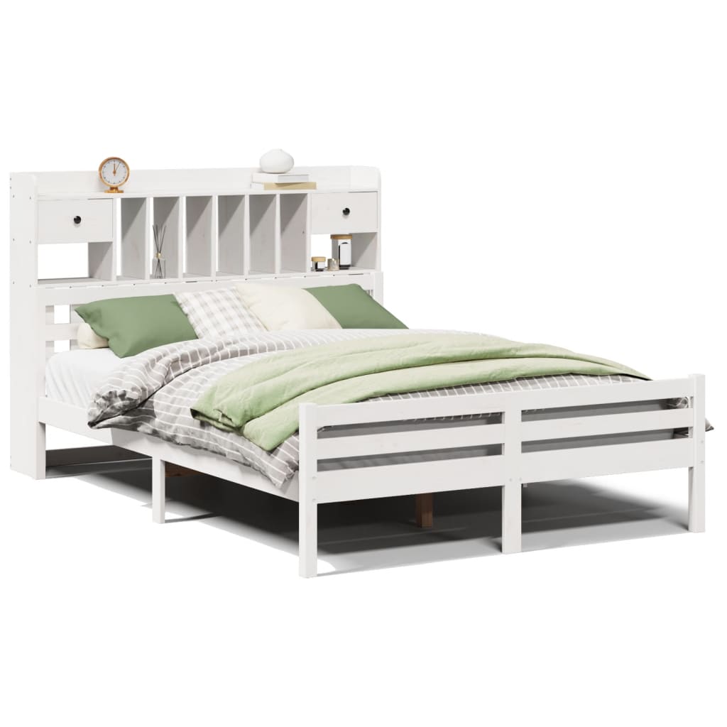 Seng med bokhylle uten madrass hvit 140x200 cm heltre furu