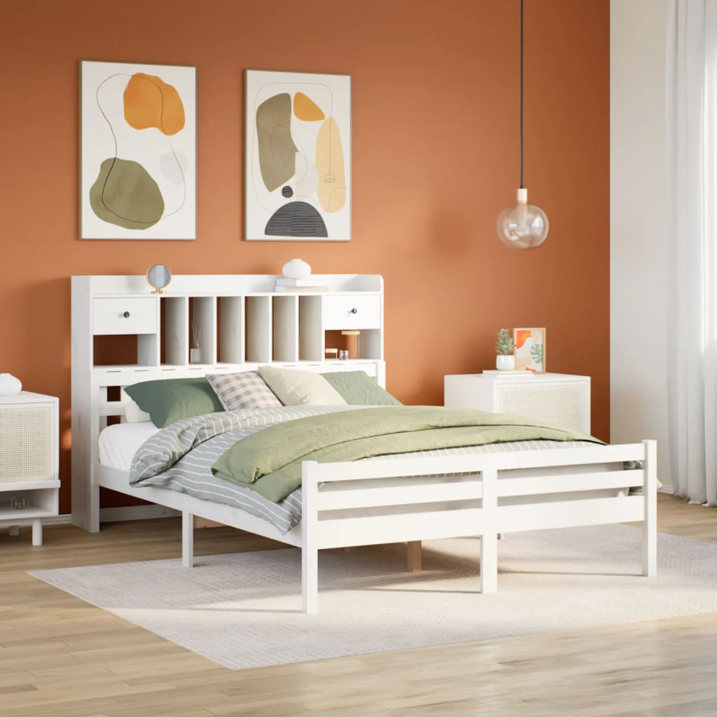 Seng med bokhylle uten madrass hvit 150x200 cm heltre furu