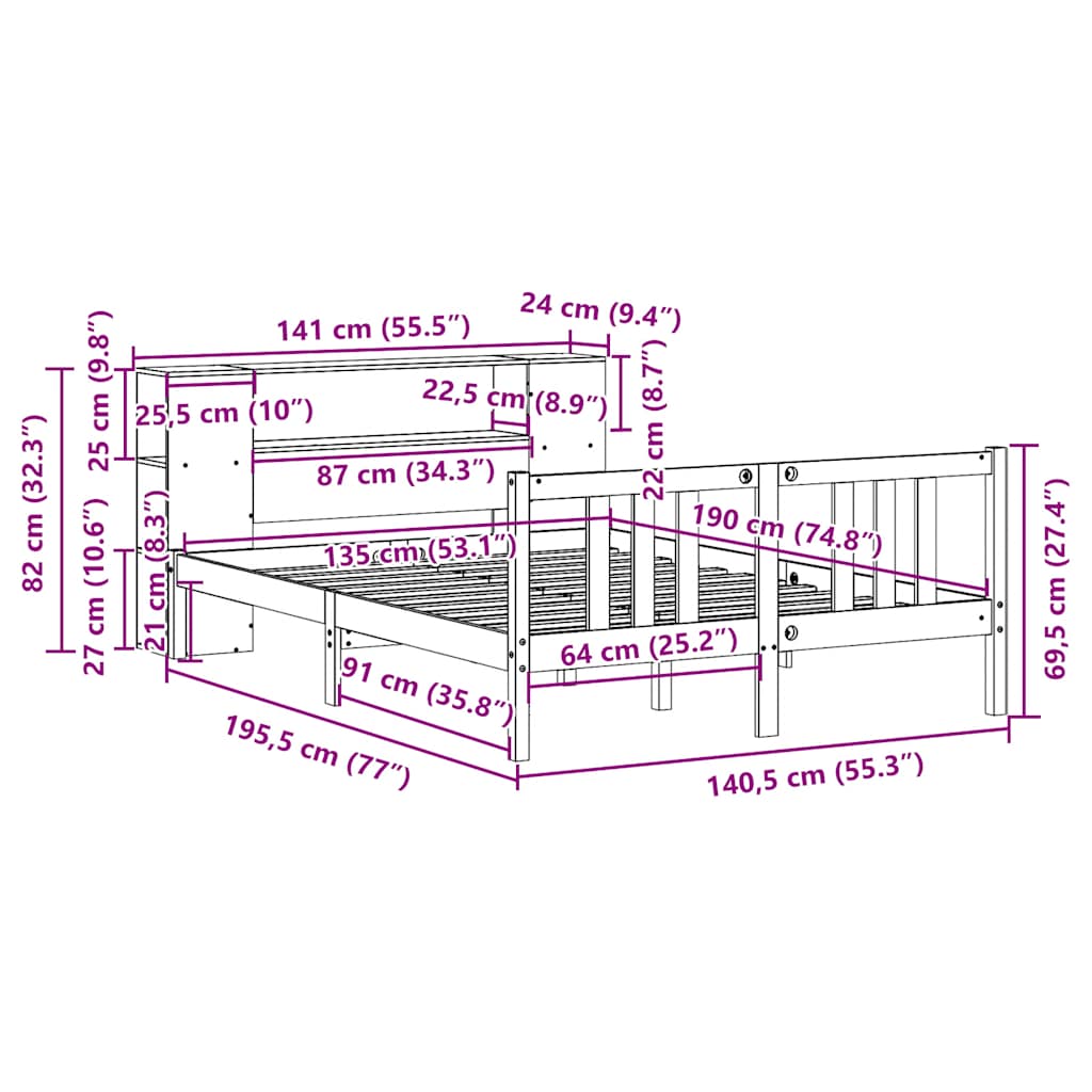 Seng med bokhylle uten madrass 135x190 cm heltre furu