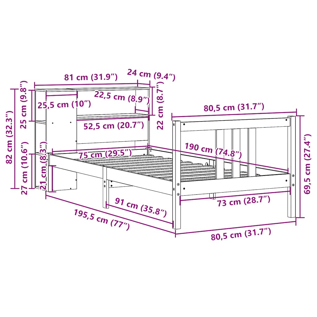 Seng med bokhylle uten madrass 75x190 cm heltre furu