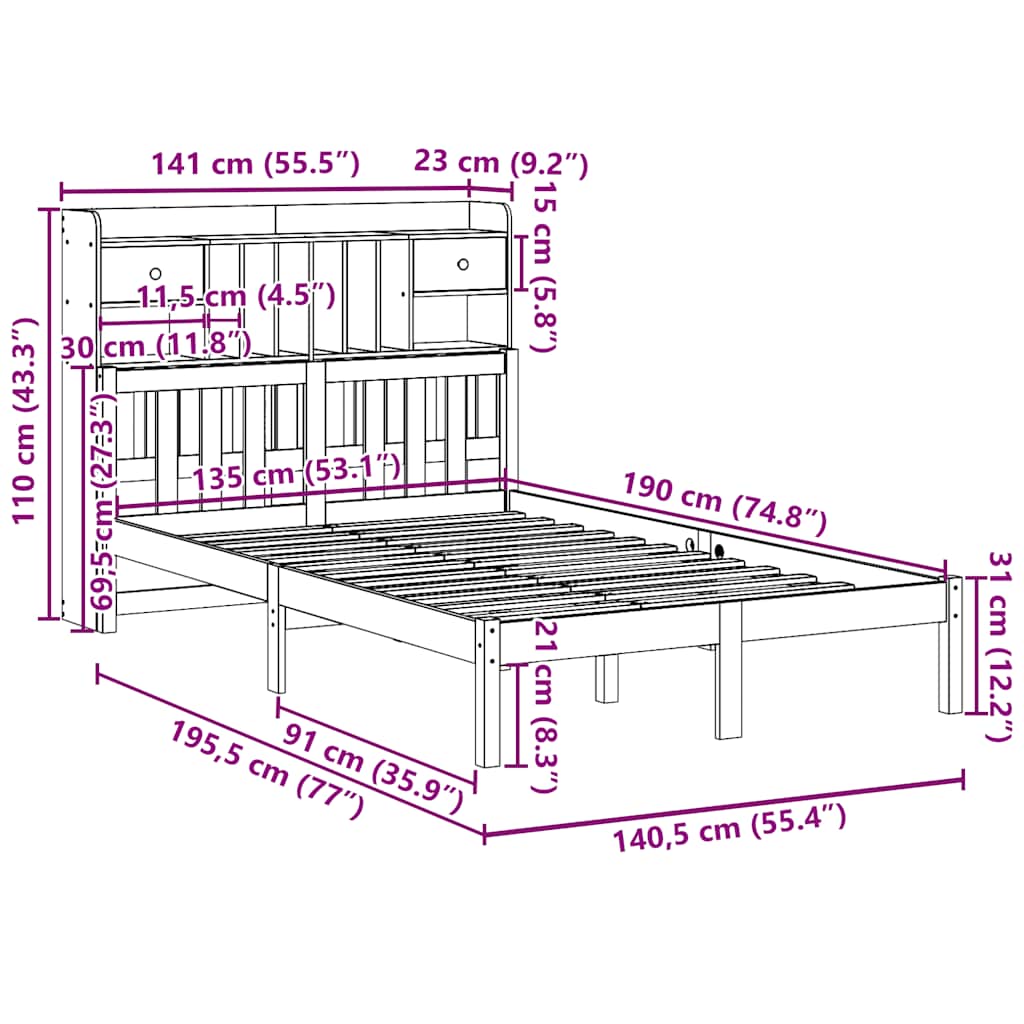 Seng med bokhylle uten madrass 135x190 cm heltre furu